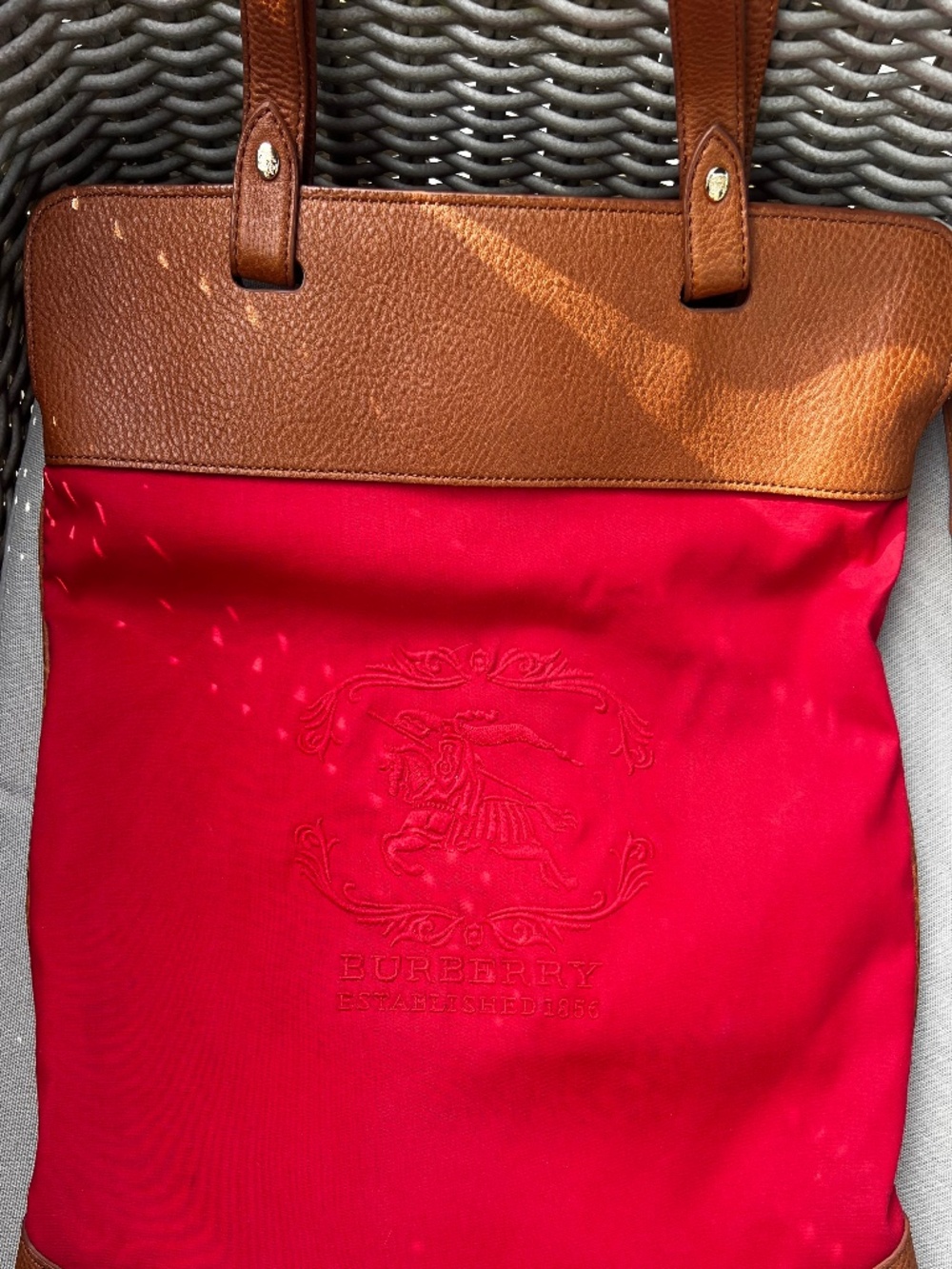 Vintage Burberry Stowell Canvas Leather Tote Bag Knight Logo Red Roll